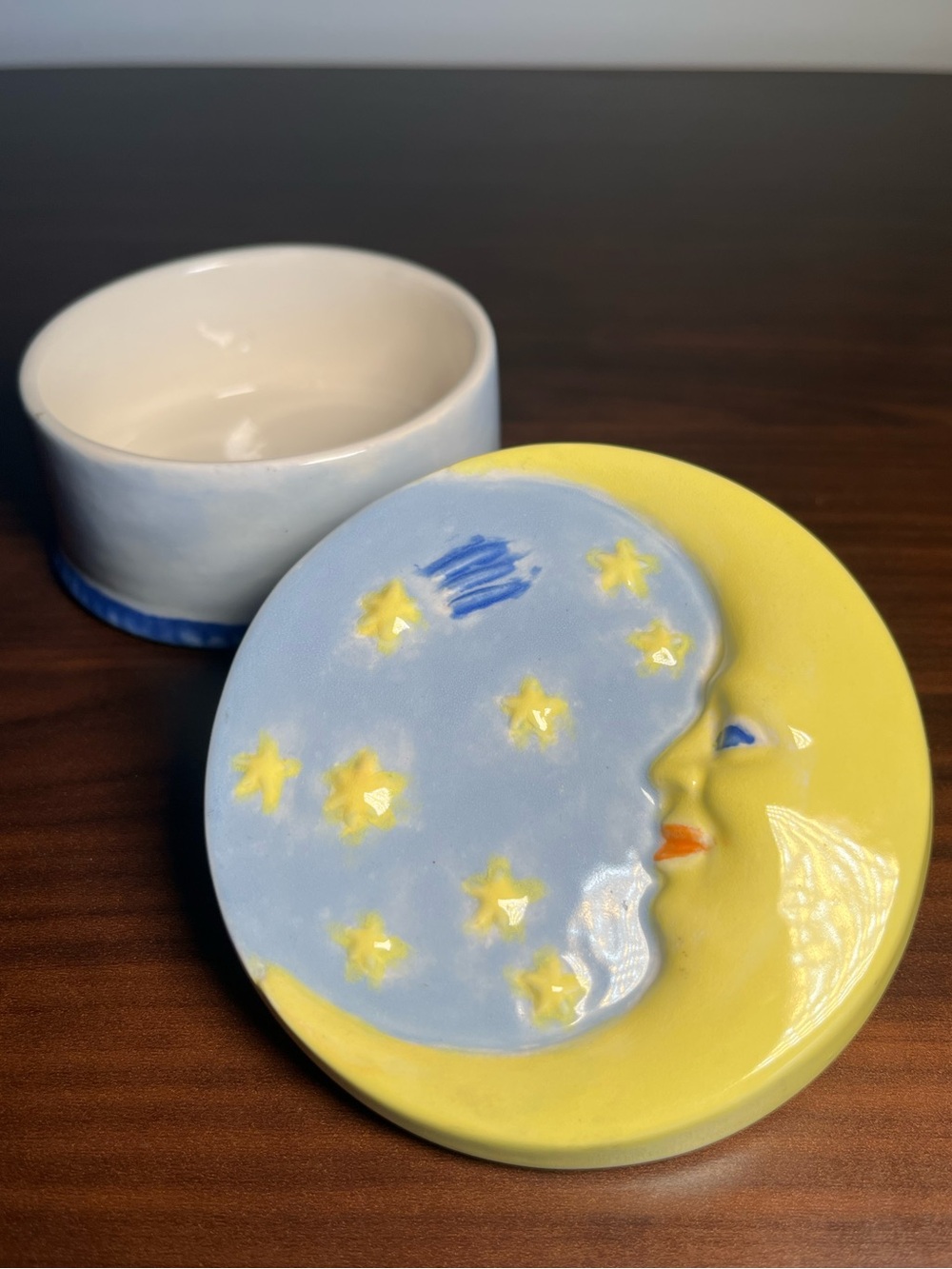 Whimsical ceramic trinket box with a moon and stars design. Nursery celestial